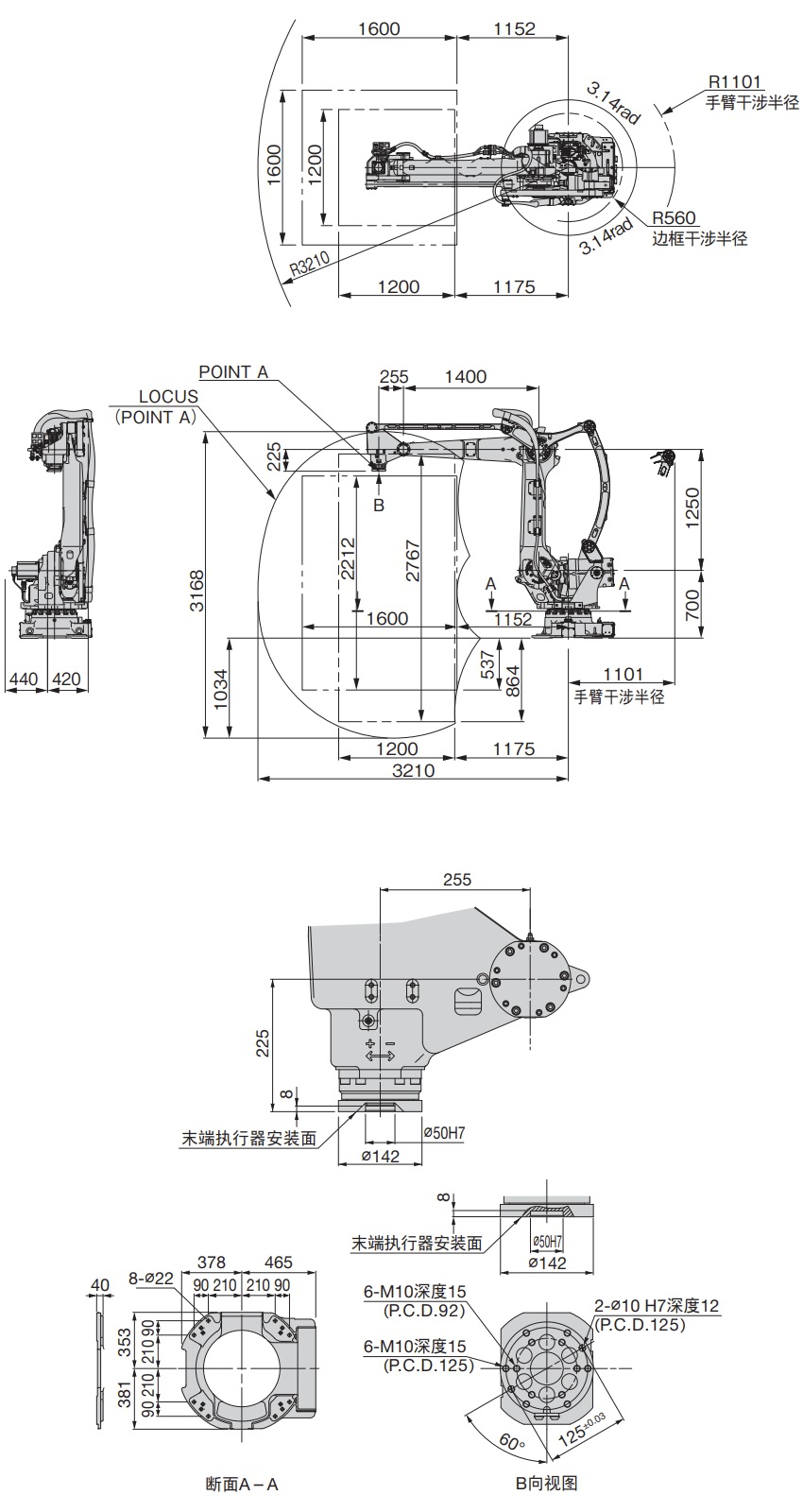 NACHI高速码垛机器人LP130F 外形尺寸及动作范围